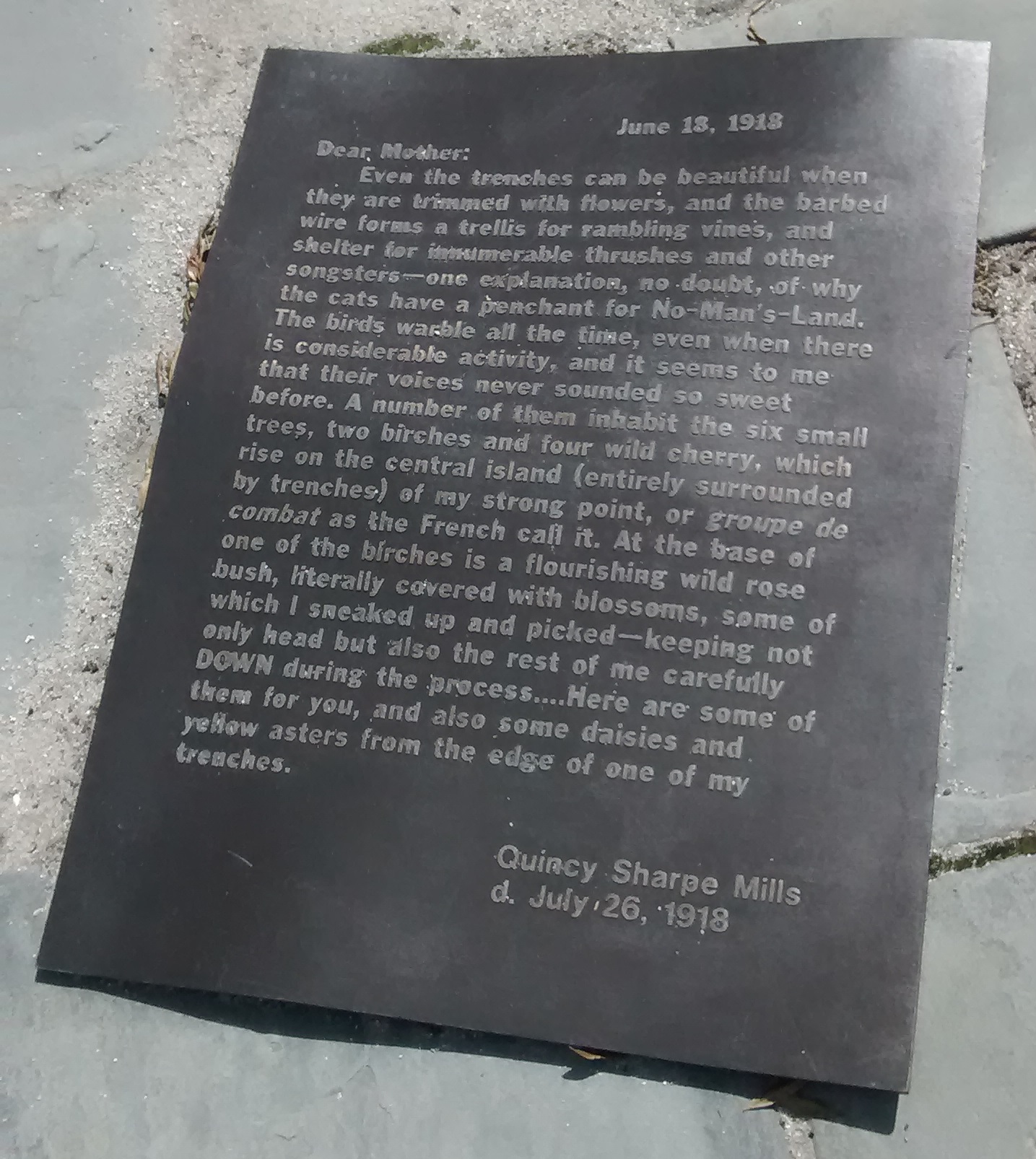Letter in bronze, Armed Forces Memorial, Norfolk, Virginia.